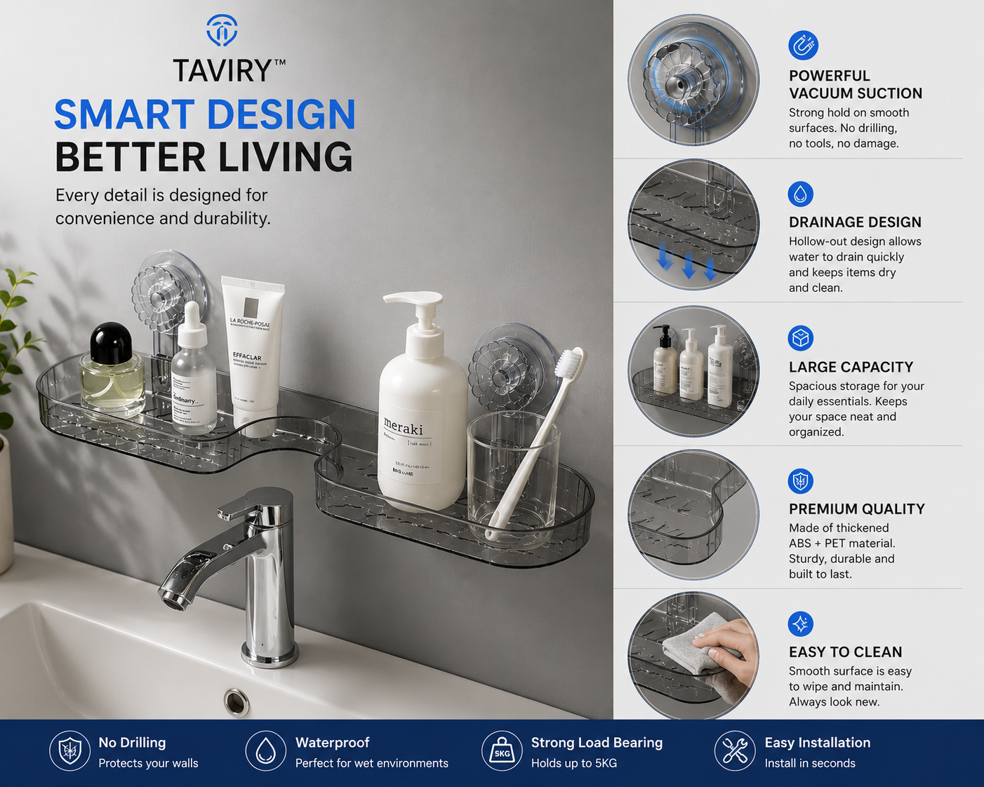 No-Drill Bathroom Organizer | Strong Suction Storage Rack
