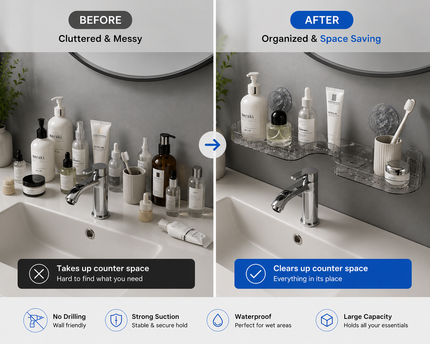 No-Drill Bathroom Organizer | Strong Suction Storage Rack