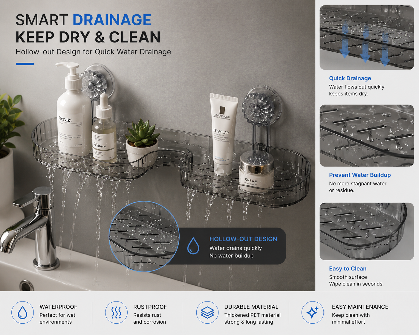 No-Drill Bathroom Organizer | Strong Suction Storage Rack